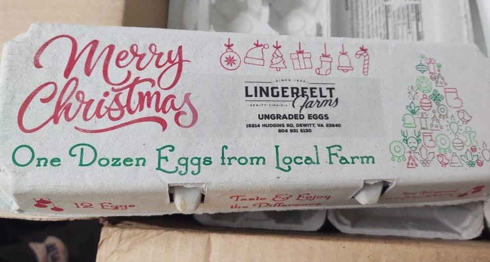 A Lingerfelt Farms Christmas-themed egg carton. While supplies last, both chicken and duck eggs will be available to purchase at the River Street Market's Christmas Market on Saturday, Dec. 10 in Old Towne Petersburg.