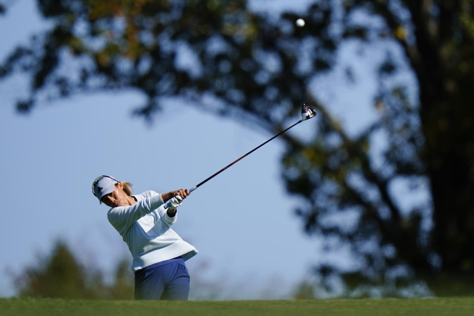 Danielle Kang hits her tee shot on the 12th hole during the second round of the KPMG Women's PGA Championship golf tournament at the Aronimink Golf Club, Friday, Oct. 9, 2020, in Newtown Square, Pa. (AP Photo/Matt Slocum)
