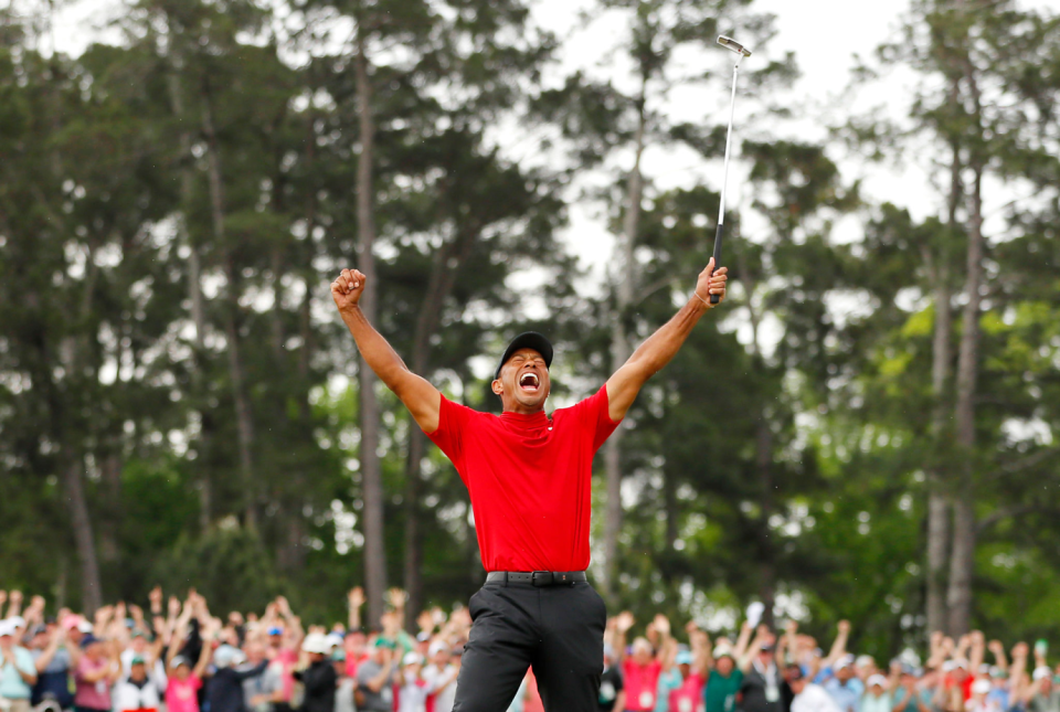 Tiger Woods celebrates after winning the 2019 Masters.