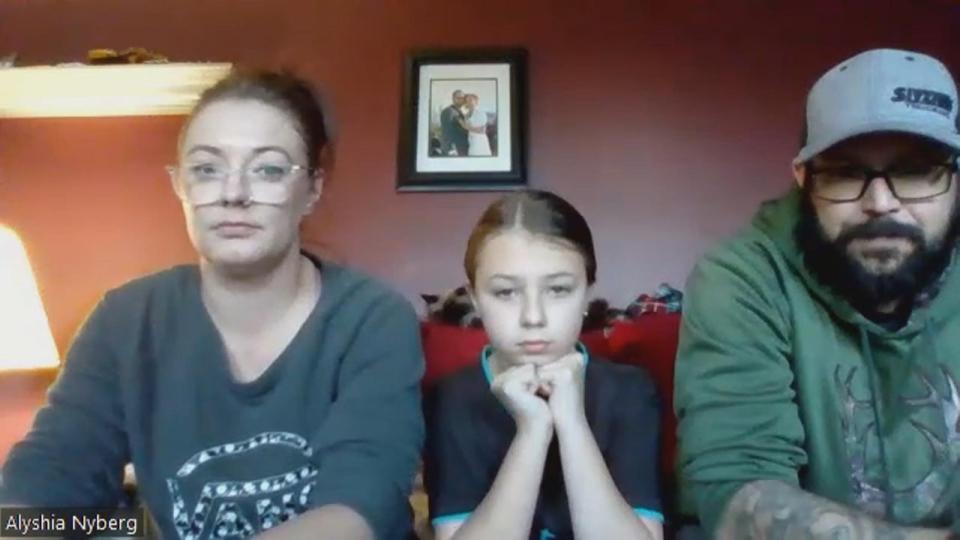 The Nyberg family, mother Alyshia, left, daughter Hailey, middle, and father Dustin, right, say they're happy to be home and resting after the coyote attack.