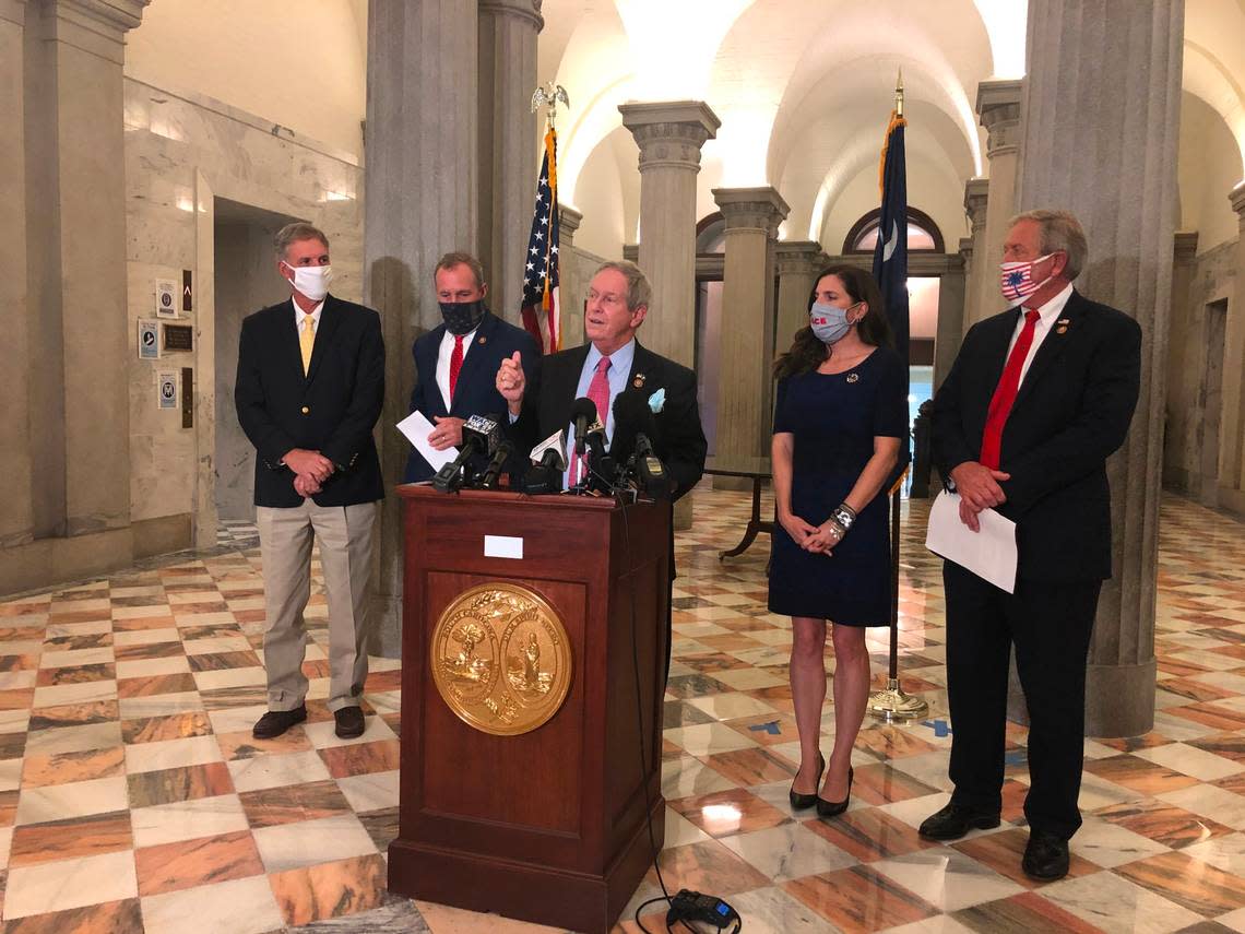 South Carolina’s U.S. House Republicans on Tuesday called for more transparency into America’s elections system and continued to push support for President Donald Trump’s legal challenges to ballots cast in battleground states. Pictured from left to right is Republican U.S. House Reps. Tom Rice, Jeff Duncan, Joe Wilson, Ralph Norman and second to right is U.S. House Rep.-elect Nancy Mace.