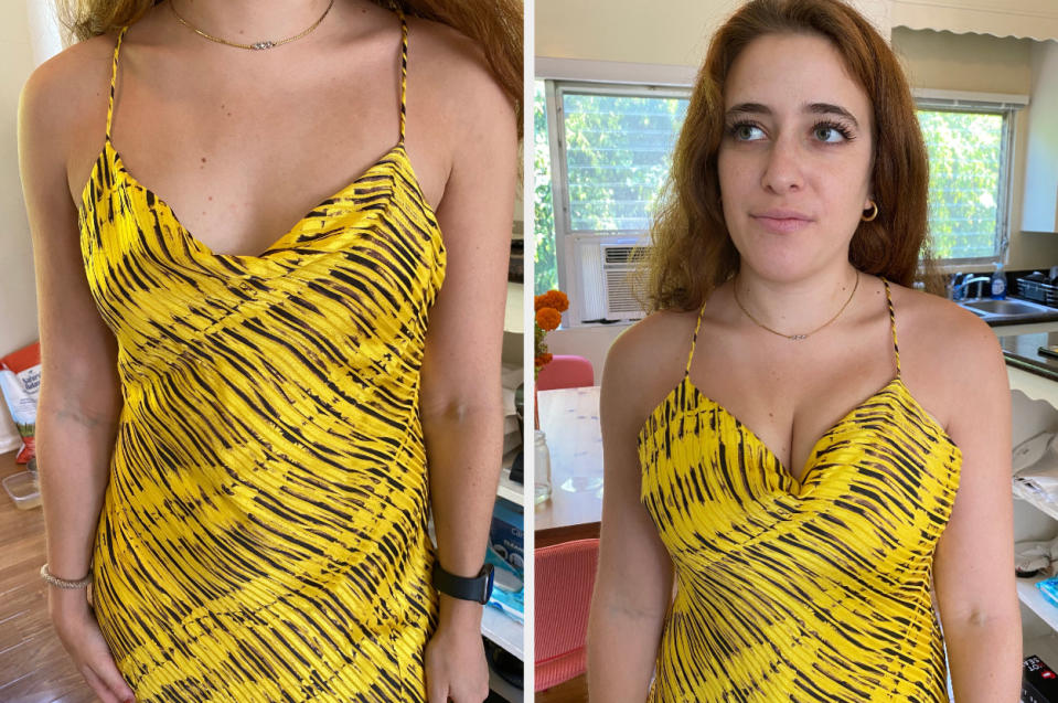 A before and after of Daniella in a fancy dress wearing the bra
