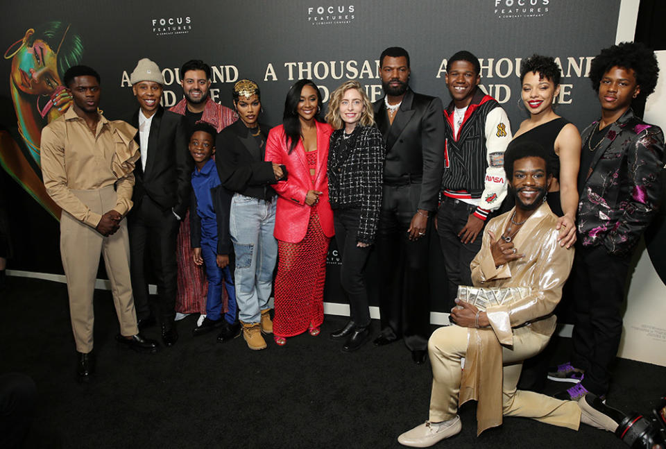 (L-R) Josiah Cross, Lena Waithe, Rishi Rajani, Aaron Kingsley Adetola, Teyana Taylor, A.V. Rockwell, Julia Lebedev, William Catlett, Aven Courtney, Tara Pacheco, Antwayn Hopper and Jolly Swag attend the New York Premiere of "A Thousand And One" at AMC Magic Johnson Harlem on March 27, 2023 in New York City.