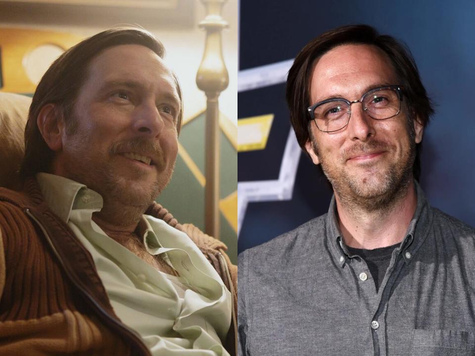 left: gabe ugliano, a sleazy looking guy smiling in the live action percy jackson; right: timm sharp smiling on a red carpet, wearing glasses