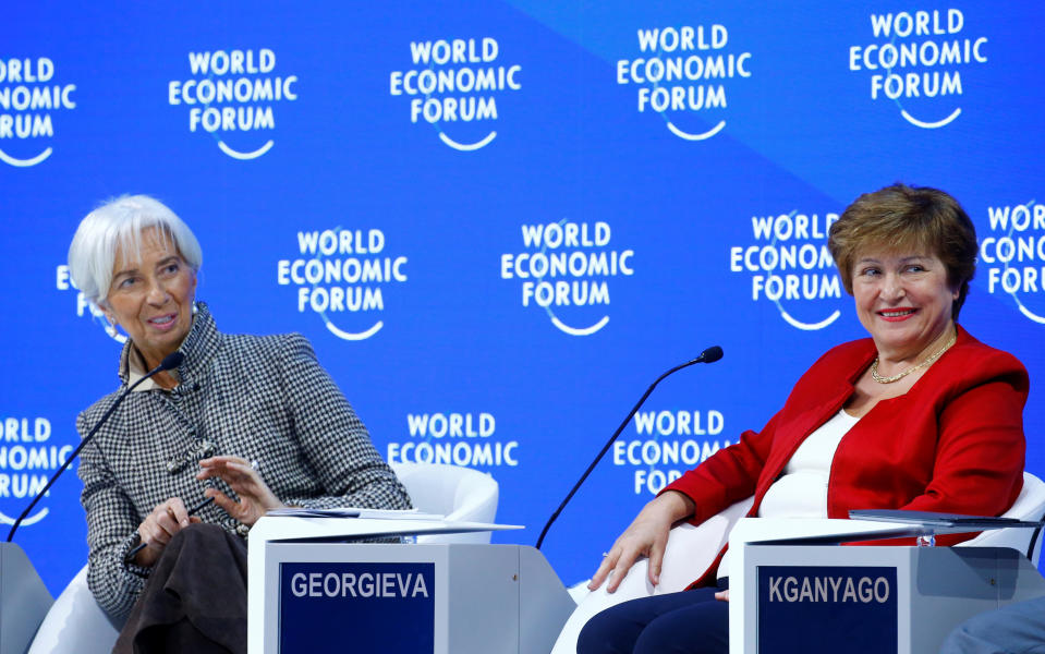 World Bank CEO Kristalina Georgieva and International Monetary Fund (IMF) Managing Director Christine Lagarde take part in a panel discussion during the World Economic Forum (WEF) annual meeting in Davos, Switzerland, January 25, 2019. REUTERS/Arnd Wiegmann