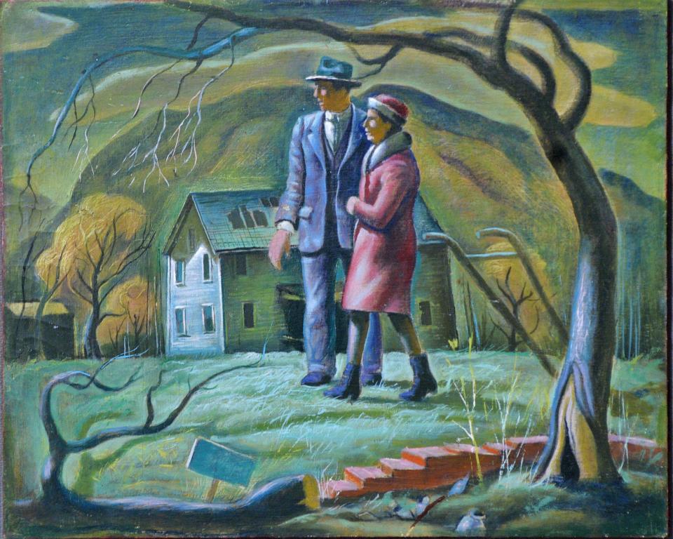 This 1944 untitled oil painting by Erie artist Joseph Plavcan, on loan from the painter's family, depicts the search for a home by Plavcan and his wife, Catharine, in 1931 during the Great Depression. The work is part of the new Erie Art Museum exhibit, "Joseph Plavcan: The Making of an Artist."