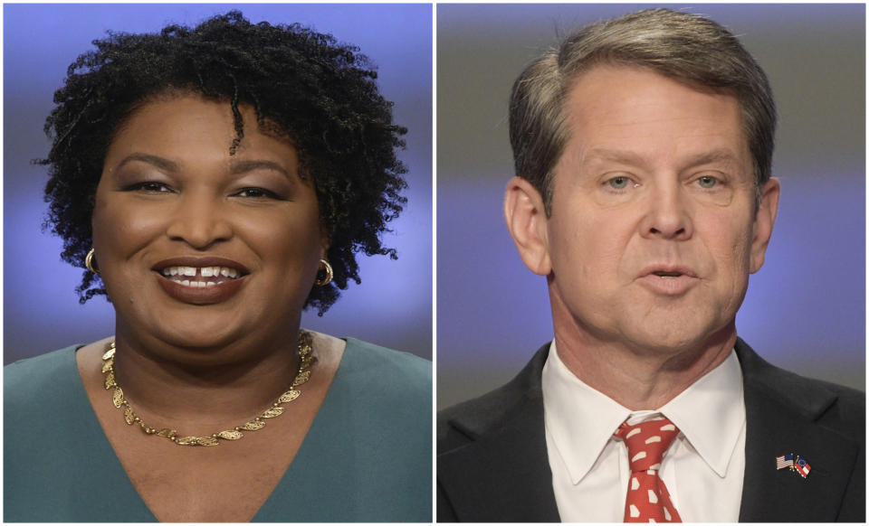 This combination of May 20, 2018, file photos shows Georgia gubernatorial candidates Stacey Abrams, left, and Brian Kemp in Atlanta. The final stretch of the hotly contested Georgia governor's race is being consumed by a bitter political battle over access to the polls. Secretary of State Brian Kemp, the Republican gubernatorial candidate, says that Democrat Stacey Abrams is fighting for immigrants without legal status to cast ballots in the Nov. 6 election. Abrams' campaign says that's untrue and Kemp is trying to deflect from his own record of making it harder for legal citizens to vote. (AP Photos/John Amis, File)