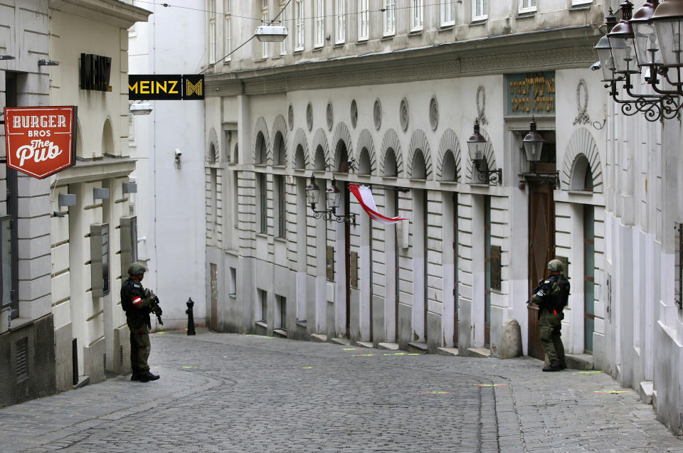 After a shooting armed police officers guard the synagogue in Vienna, Austria, Tuesday, Nov. 3, 2020. Police in the Austrian capital said several shots were fired shortly after 8 p.m. local time on Monday, Nov. 2, in a lively street in the city center of Vienna. Austria's top security official said authorities believe there were several gunmen involved and that a police operation was still ongoing. (Photo/Ronald Zak)