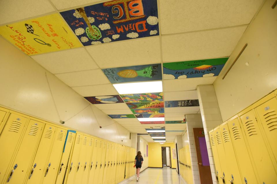 Ceiling tiles are decorated by students at Lexington Junior High School. Jason J. Molyet/News Journal