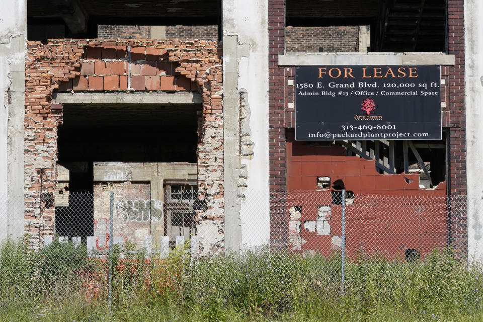 Exterior of the Packard Plant on Detroit's east side, Thursday, June 30, 2022. The factory built in the early 1900s turned out high-end cars into the 1950s. It was considered one of the city's automotive jewels, but now is among the nation's most notorious examples of urban blight. Parts of the 3.5 million-square-foot, 40-acre Packard plant complex will be demolished by the year's end. (AP Photo/Carlos Osorio)