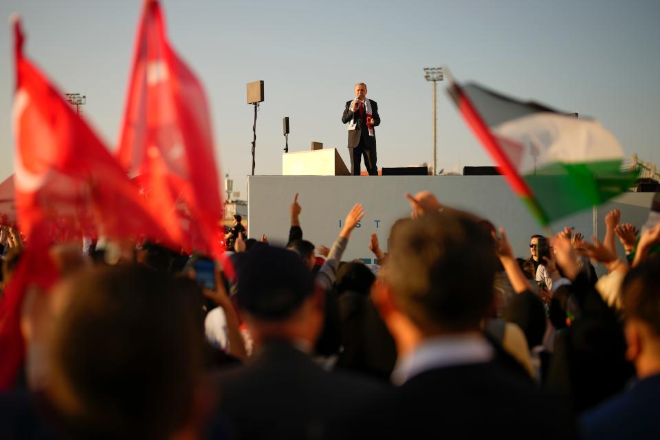 Erdogan speaks to the attendees during a rally to show their solidarity with the Palestinians, in Istanbul (Copyright 2023 The Associated Press. All rights reserved)