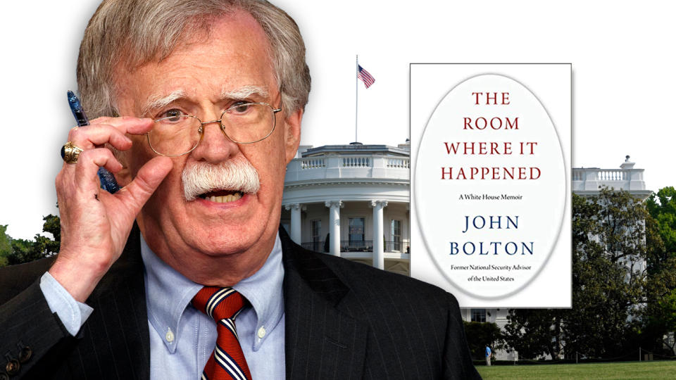 John Bolton and his book due out in March. (Photo illustration: Yahoo News; photos: AP (2), Amazon.