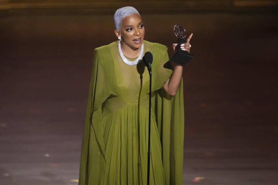 Kara Young accepts the award for best performance by an actress in a featured role in a play for"Purlie Victorious" during the 77th Tony Awards on Sunday, June 16, 2024, in New York. (Photo by Charles Sykes/Invision/AP)