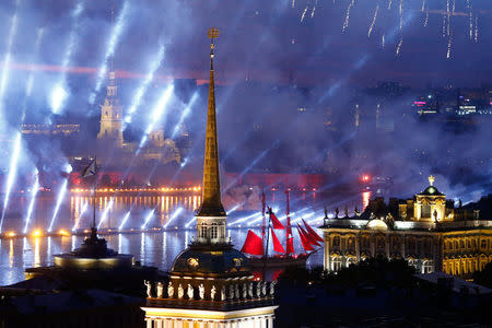 Sweden's brig Tre Kronor with scarlet sails floats on the Neva River past the Admiralty building, the Peter and Paul cathedral and the State Hermitage museum during the festivities marking school graduation in St. Petersburg, Russia June 24, 2018. REUTERS/Anton Vaganov