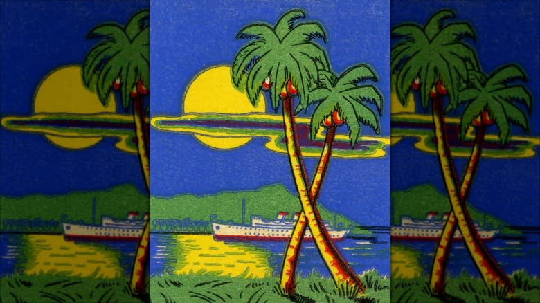 Painting of coconut trees by the ocean with ship passing