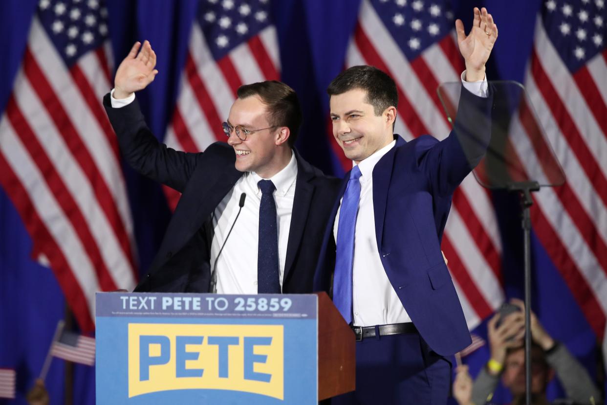 Chasten Buttigieg (left) on the campaign trail with husband Pete in early 2020 (Getty Images)