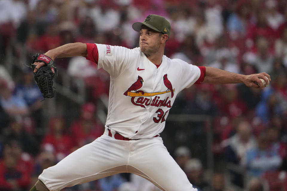 St. Louis Cardinals starting pitcher Steven Matz throws during the first inning of a baseball game against the Los Angeles Dodgers Friday, May 19, 2023, in St. Louis. (AP Photo/Jeff Roberson)