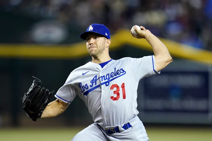 Los Angeles Dodgers starting pitcher Tyler Anderson throws a pitch against the Arizona Diamondbacks.