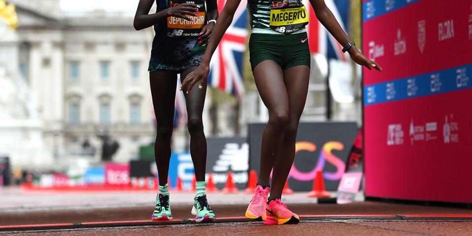 alemu megertu of ethiopia reacts after finishing in second place in the elite woman's marathon during the 2023 tcs london marathon