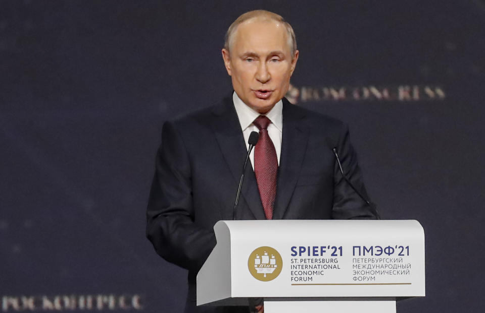 Russian President Vladimir Putin speaks at the St. Petersburg International Economic Forum in St. Petersburg, Russia, Friday, June 4, 2021.(Anatoly Maltsev/Pool Photo via AP)
