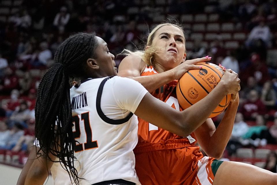 Miami's Haley Cavinder (14) is defended by Oklahoma State's Terryn Milton (21) during the first half of a first-round college basketball game in the women's NCAA Tournament Saturday, March 18, 2023, in Bloomington, Ind. (AP Photo/Darron Cummings)