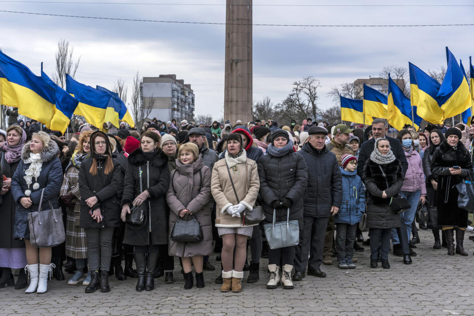 People gather for a ceremony to mark Unity Day in Kherson, Ukraine, on Wednesday, Feb. 16, 2022. (Brendan Hoffman/The New York Times) (Brendan Hoffman / The New York Times / Redux)