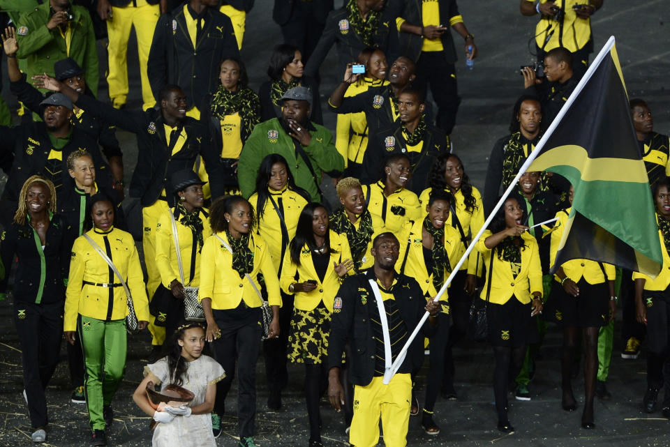 Die jamaikanische Delegation, die bei der Eröffnungszeremonie der Spiele 2012 von Usain Bolt angeführt wurde (Bild: REUTERS/Dylan Martinez)