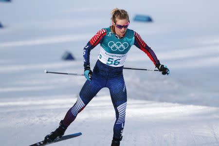 FILE PHOTO - Feb 15, 2018; Pyeongchang, South Korea; Jessica Diggins (USA) competes during the ladies cross country 10km freestyle Pyeongchang 2018 Olympic Winter Games at Alpensia Cross-Country Centre. Mandatory Credit: Matt Kryger-USA TODAY Sports