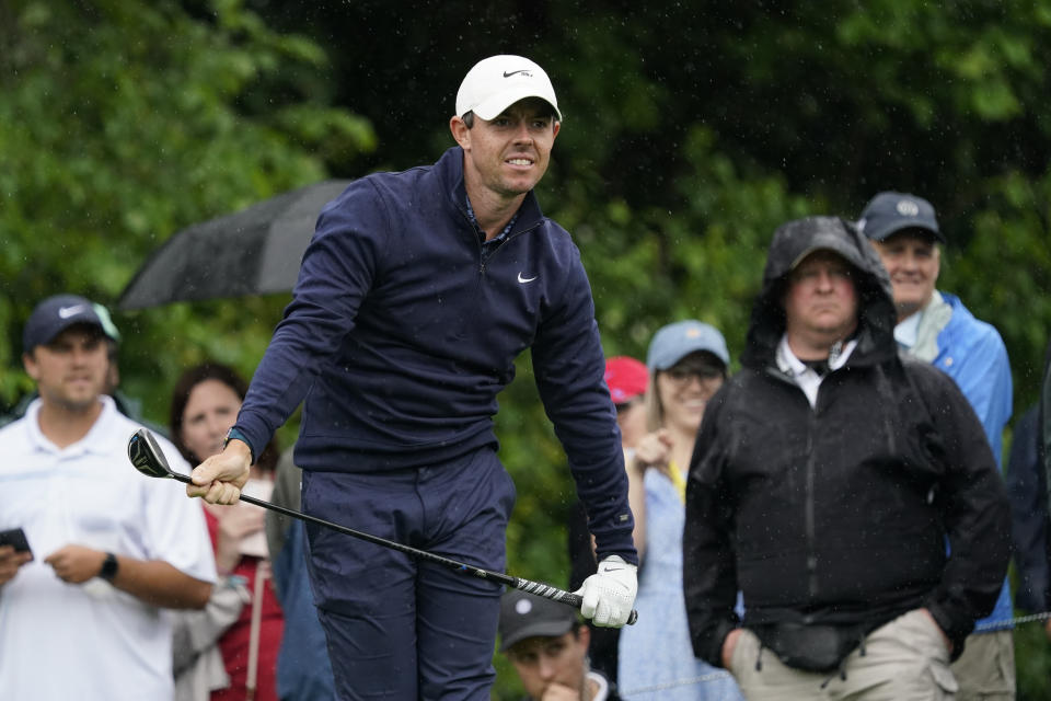 Rory McIlroy, of Northern Ireland, watches his tee shot on the third hole during the first round of the Memorial golf tournament, Thursday, June 3, 2021, in Dublin, Ohio. (AP Photo/Darron Cummings)