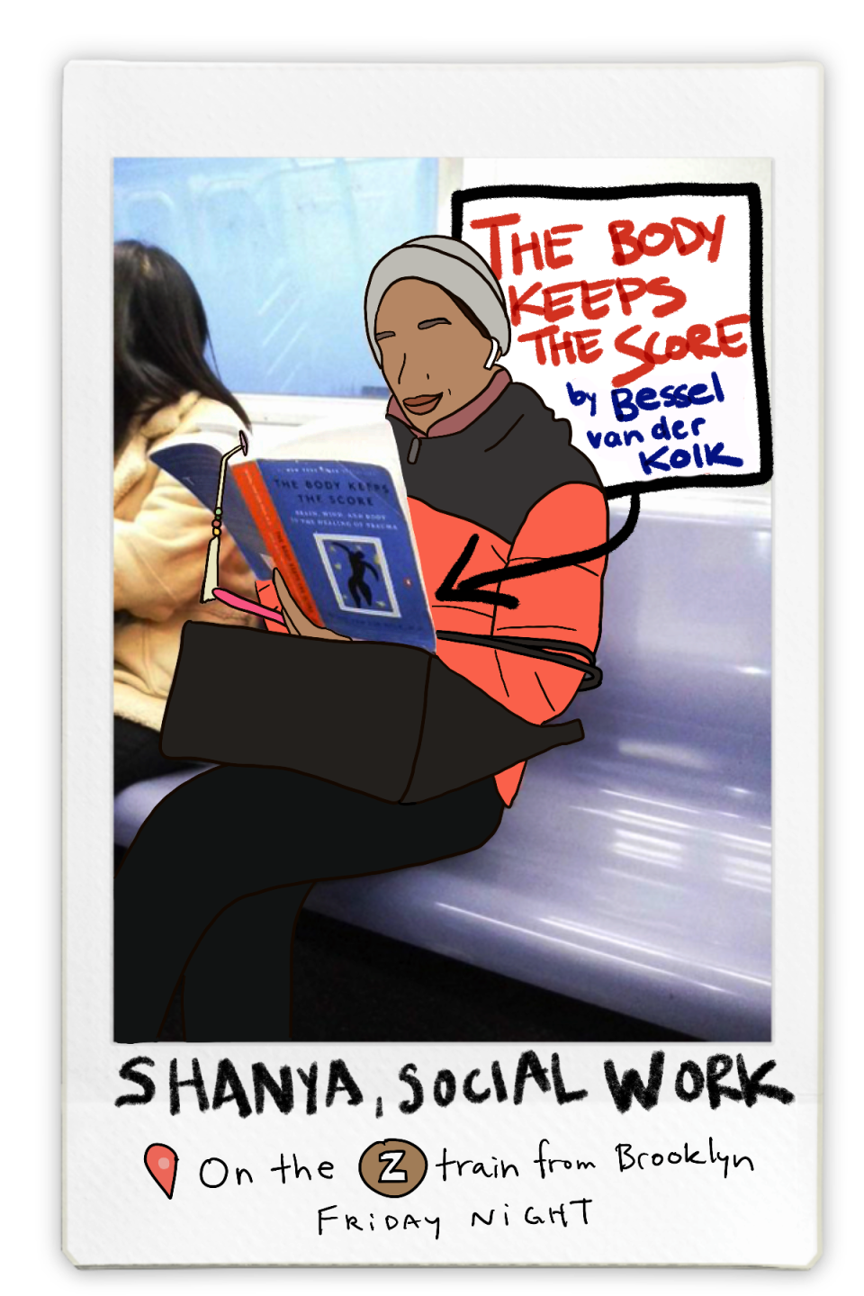 social worker reading "the body keeps the score" on a new york train