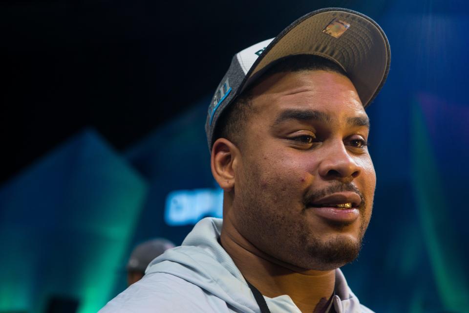 Eagles' guard Brandon Brooks takes a question during a Super Bowl LII media availability in 2018.