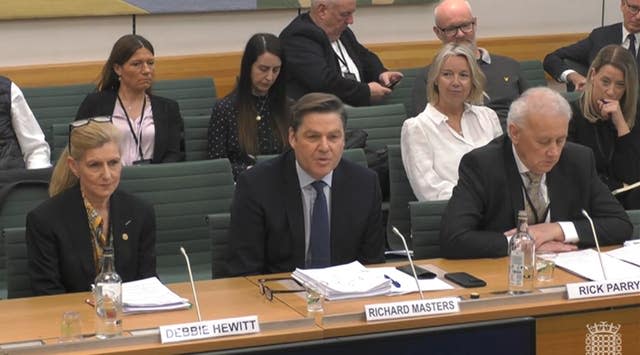 FA chair Debbie Hewitt, left, Premier League chief executive Richard Masters, centre, and EFL chairman Rick Parry, right, face questions from the DCMS select committee on Tuesday