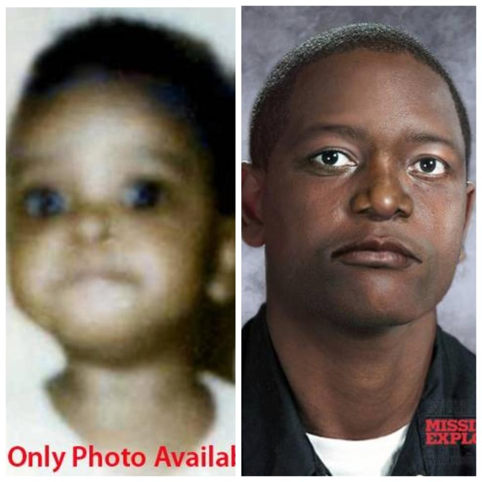 Dontray Hunter side-by-side photos from when he went missing as a 2-year-old on Aug. 20, 1975, to age-progressed to 40 years.