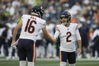 Chicago Bears kicker Cairo Santos (2) is greeted by holder Trenton Gill (16) after Santos kicked a field goal against the Seattle Seahawks during the second half of a preseason NFL football game, Thursday, Aug. 18, 2022, in Seattle. (AP Photo/Stephen Brashear)