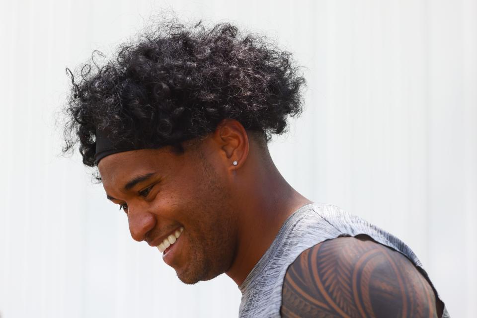 Jun 4, 2024; Miami Gardens, FL, USA; Miami Dolphins quarterback Tua Tagovailoa (1) reacts during mandatory minicamp at Baptist Health Training Complex. Mandatory Credit: Sam Navarro-USA TODAY Sports