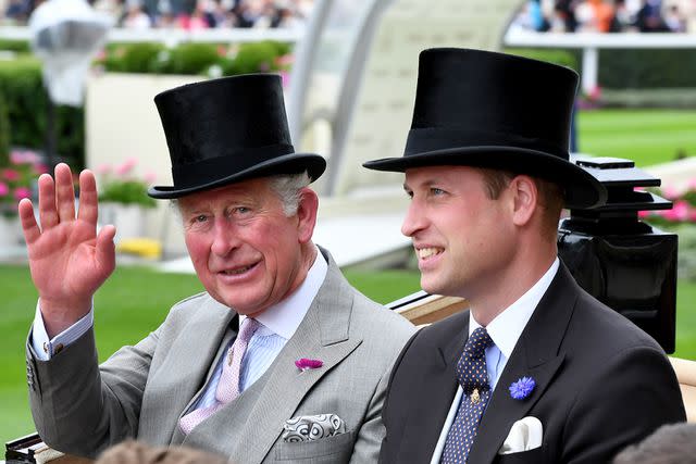 <p>Anwar Hussein/WireImage</p> King Charles and Prince William attend Royal Ascot in June 2019