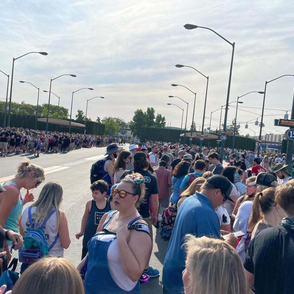 People line up at Disneyland on June 15.