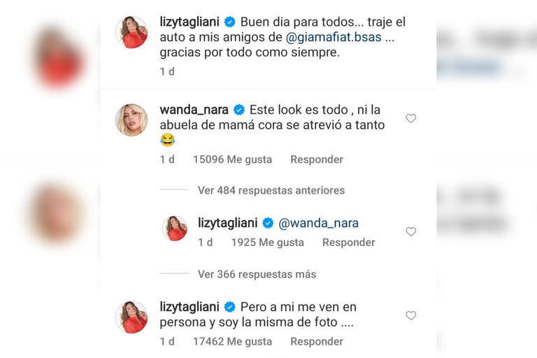 El picante ida y vuelta de Wanda y Lizy (Captura Instagram @lizytagliani)