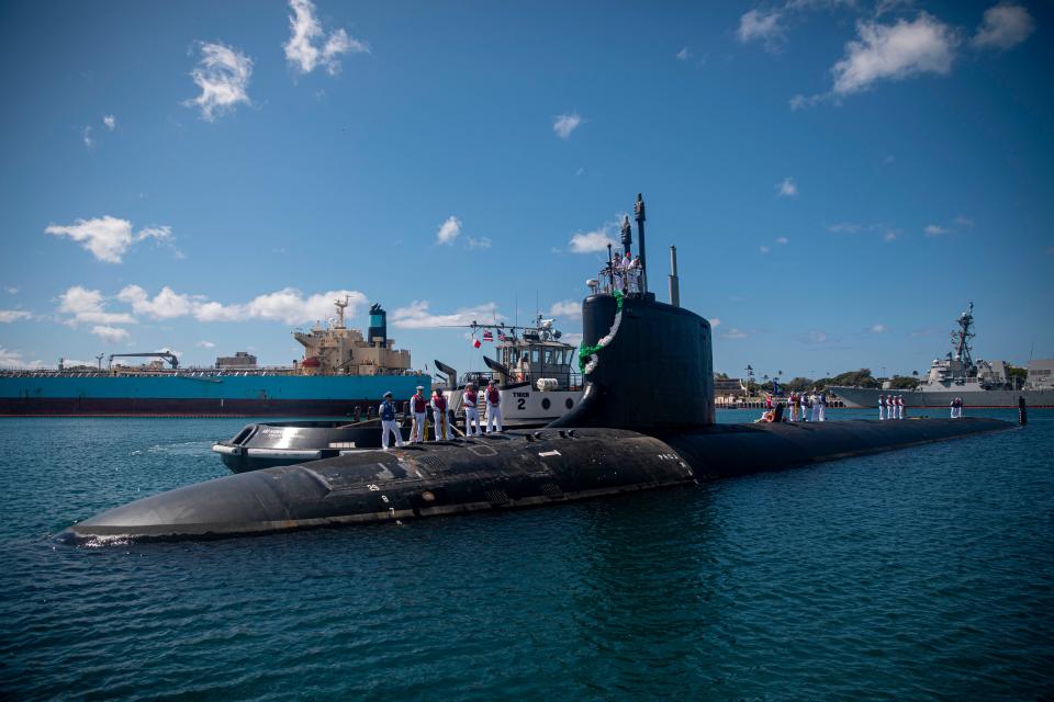 The Virginia-class fast-attack submarine USS Vermont (SSN 792) arrives at its new homeport of Joint Base Pearl Harbor-Hickam, July 27, 2023.