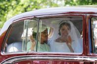 <p>Meghan Markle traveled to Windsor Castle with her mother Doria in a vintage Rolls Royce Phantom. (Photo: Getty) </p>