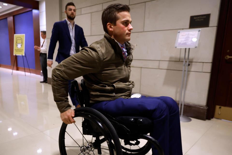 Rep. Madison Cawthorn, R-N.C., heads to a closed intelligence briefing at the U.S. Capitol Visitors Center on Feb. 3 in Washington.