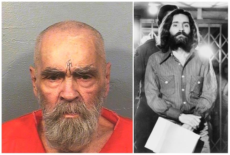 This combination of file photos shows Charles Manson in one of his last prison photos and at the time of his trial in 1971. on Aug. 14, 2017, left, in a photo provided by the California Department of Corrections and Rehabilitation, and on Dec. 22, 1969, right, leaving a Los Angeles courtroom. Leslie Van Houten, one of Manson's followers, was released from prison on parole on July 11, 2023. (, left, and Wally Fong, right, via AP, File)
