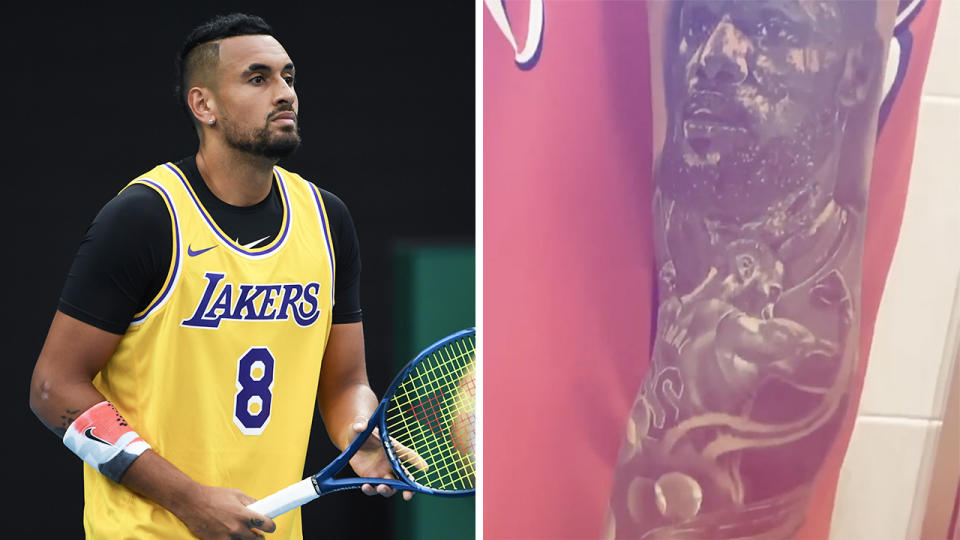 Nick Kyrgios (pictured left) wears a Lakers shirt during tennis and shows of his new tattoo (pictured right).