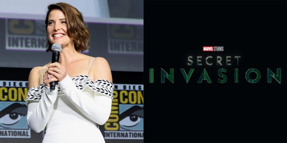 Cobie Smulders participates in the Marvel Studios’ Live-Action presentation at San Diego Comic-Con on July 23, 2022.