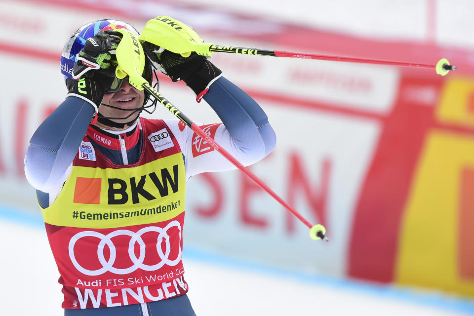 France's Alexis Pinturault arrives at the finish area during an alpine ski, men's World Cup combined in Wengen, Switzerland, Friday, Jan. 17, 2020. (AP Photo/Marco Tacca)