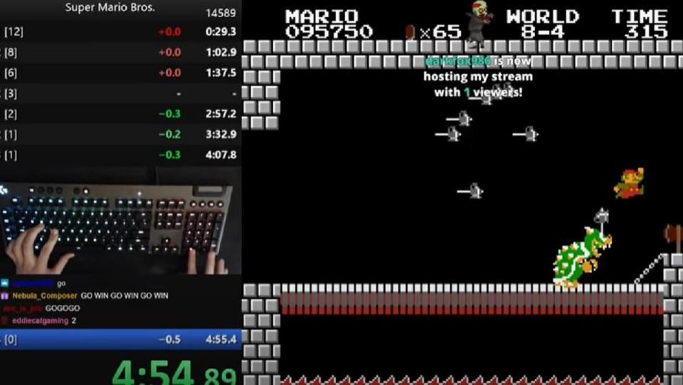 Twitch footage from the Super Mario Bros. speedrun record being beat on April 7, 2021.