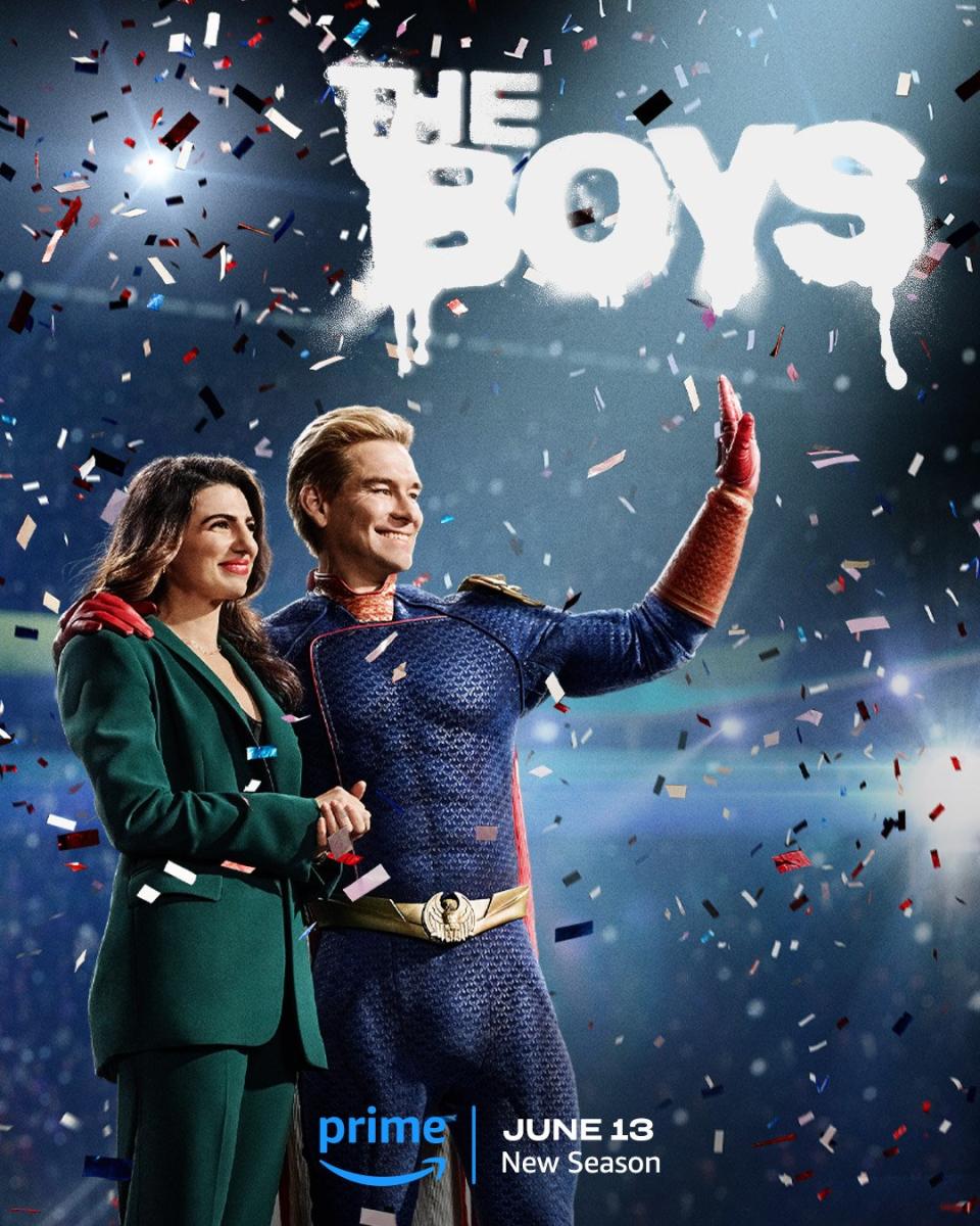 The Boys season four poster with homelander and victoria neuman standing together and surrounded by confetti with premiere date