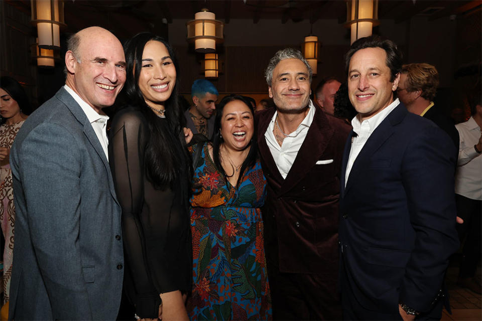 Matthew Greenfield, Kaimana, DanTram Nguyen, Taika Waititi and David Greenbaum attend the after party for the Los Angeles Premiere of Searchlight Pictures' "Next Goal Wins" at Alma Restaurant on November 14, 2023 in Los Angeles, California.