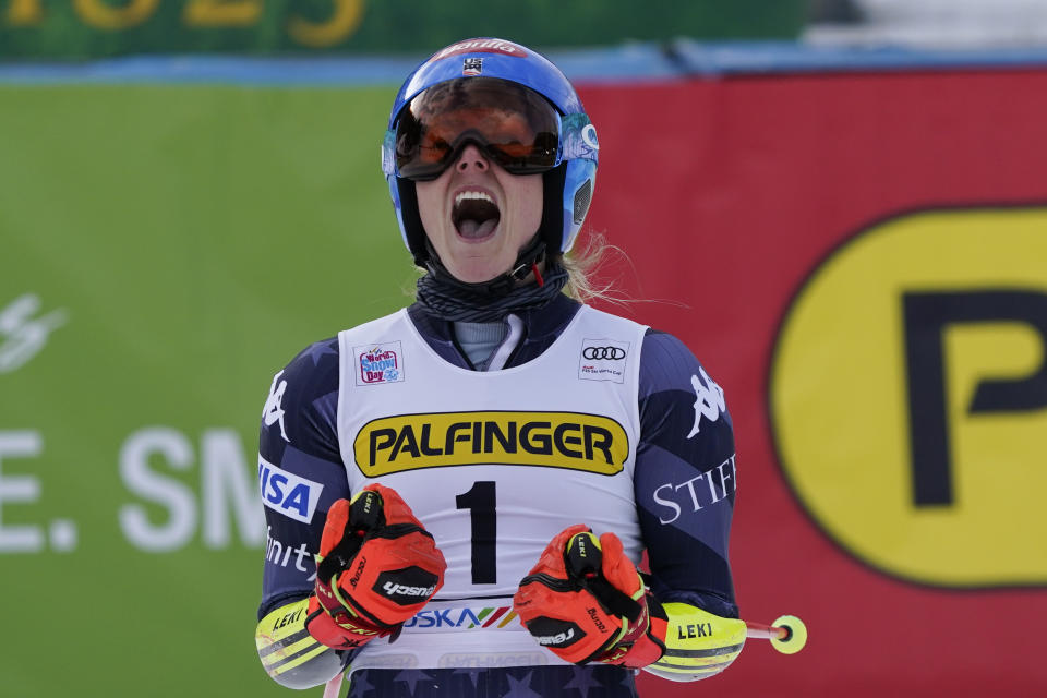 United States' Mikaela Shiffrin celebrates winning an alpine ski, women's World Cup giant slalom race, in Kranjska Gora, Slovenia, Sunday, Jan. 8, 2023. (AP Photo/Giovanni Auletta)