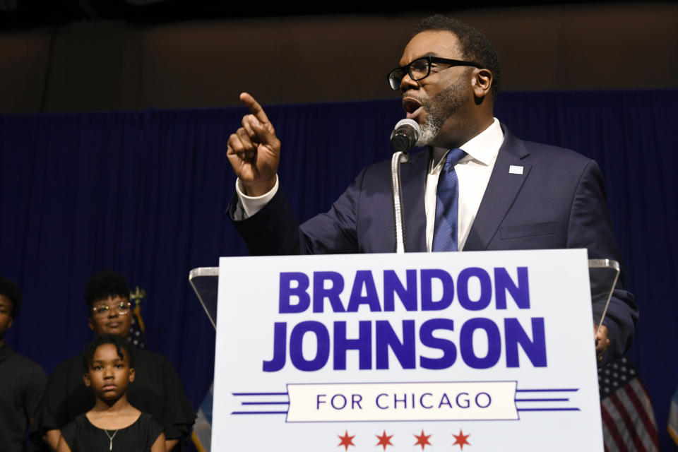 Chicago Mayor-elect Brandon Johnson speaks to supporters after defeating Paul Vallas after the Chicago mayoral runoff election, late Tuesday, April 4, 2023, in Chicago. (AP Photo/Paul Beaty)